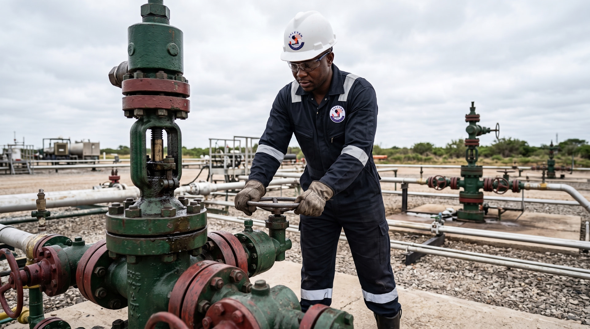 Jaletan technician servicing a valve at an oilfield facility