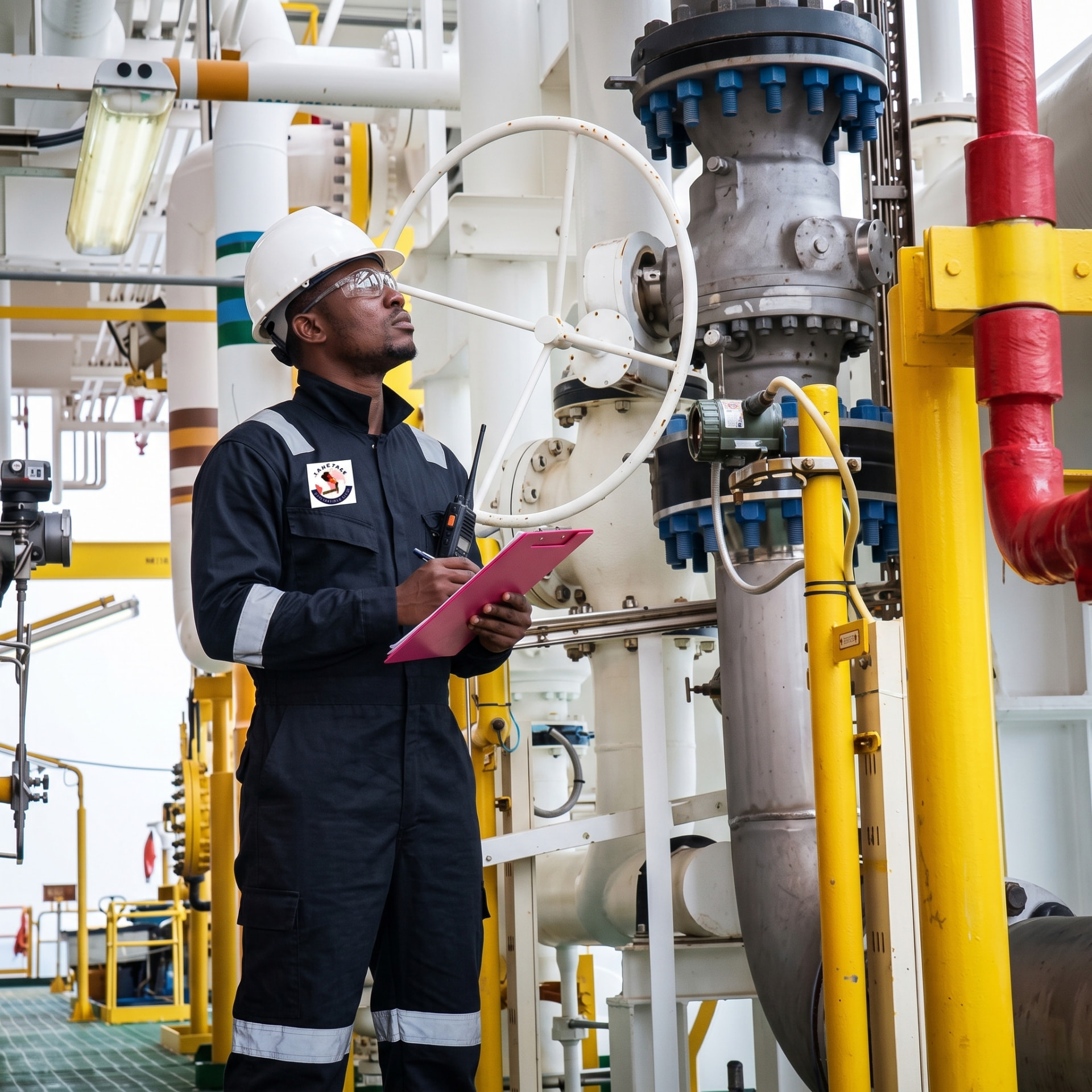 Technician inspecting process piping and valves with a clipboard at an industrial facility