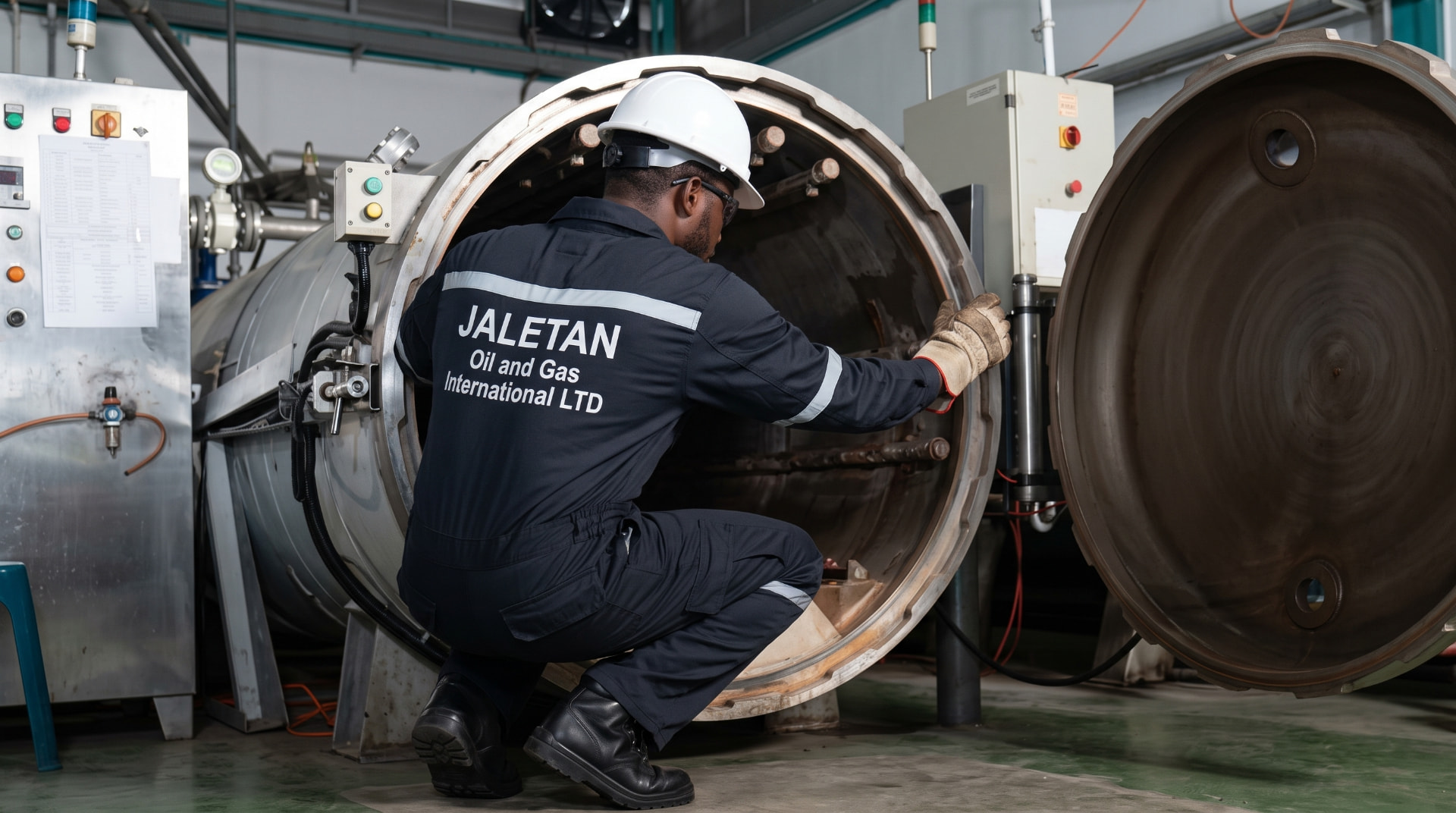 Jaletan Oil and Gas technician performing maintenance on industrial pressure vessel