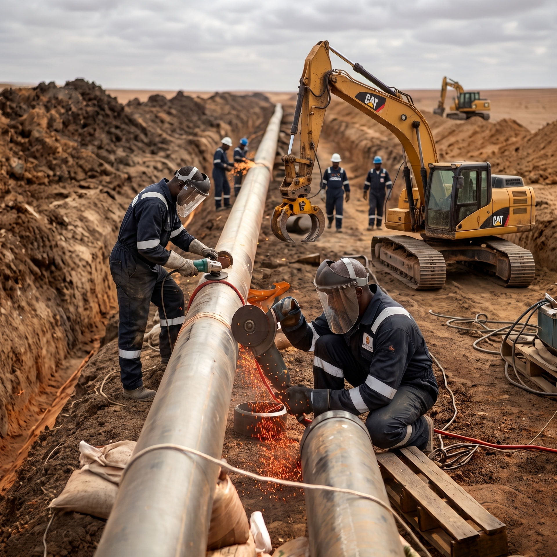 Jaletan crew cutting and welding a pipeline in an open trench