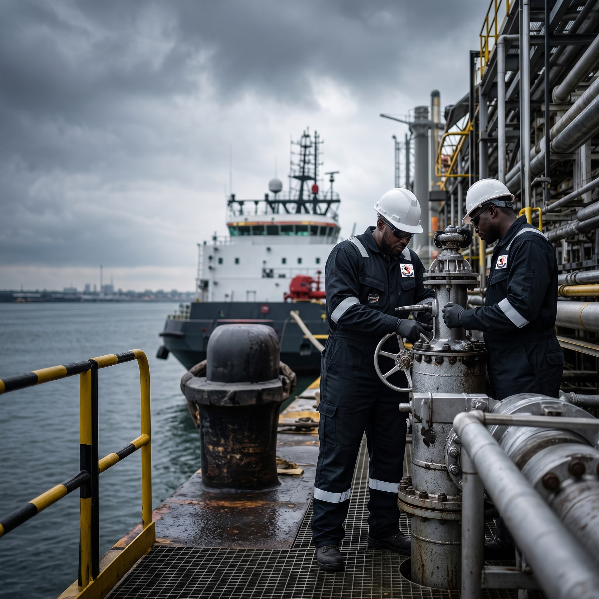 Two technicians servicing a large valve assembly on a vessel deck