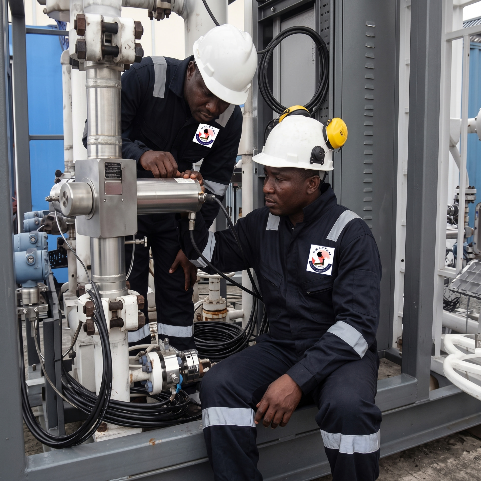 Jaletan technicians calibrating instrumentation on a metering skid