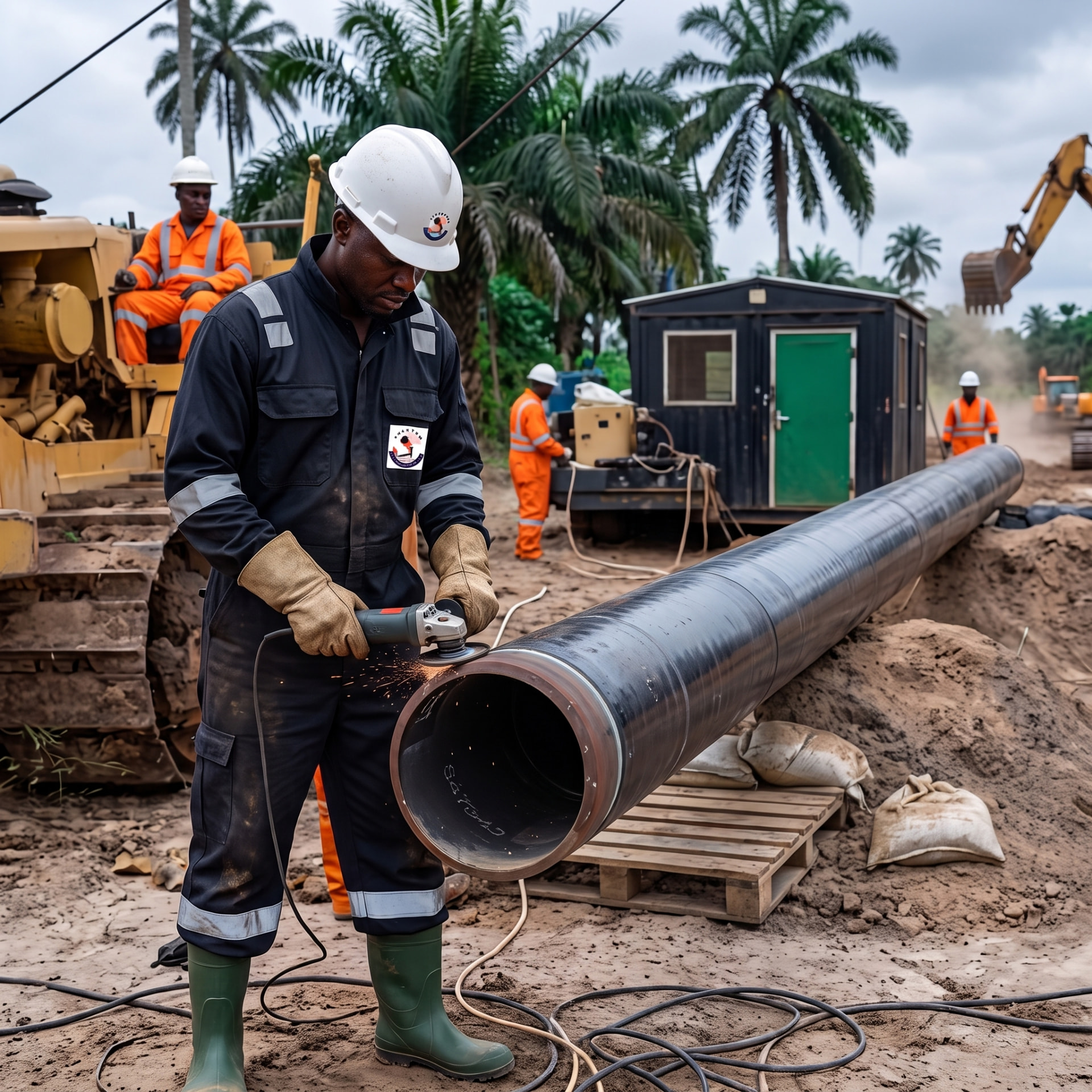 Jaletan technician grinding a pipeline joint during field construction