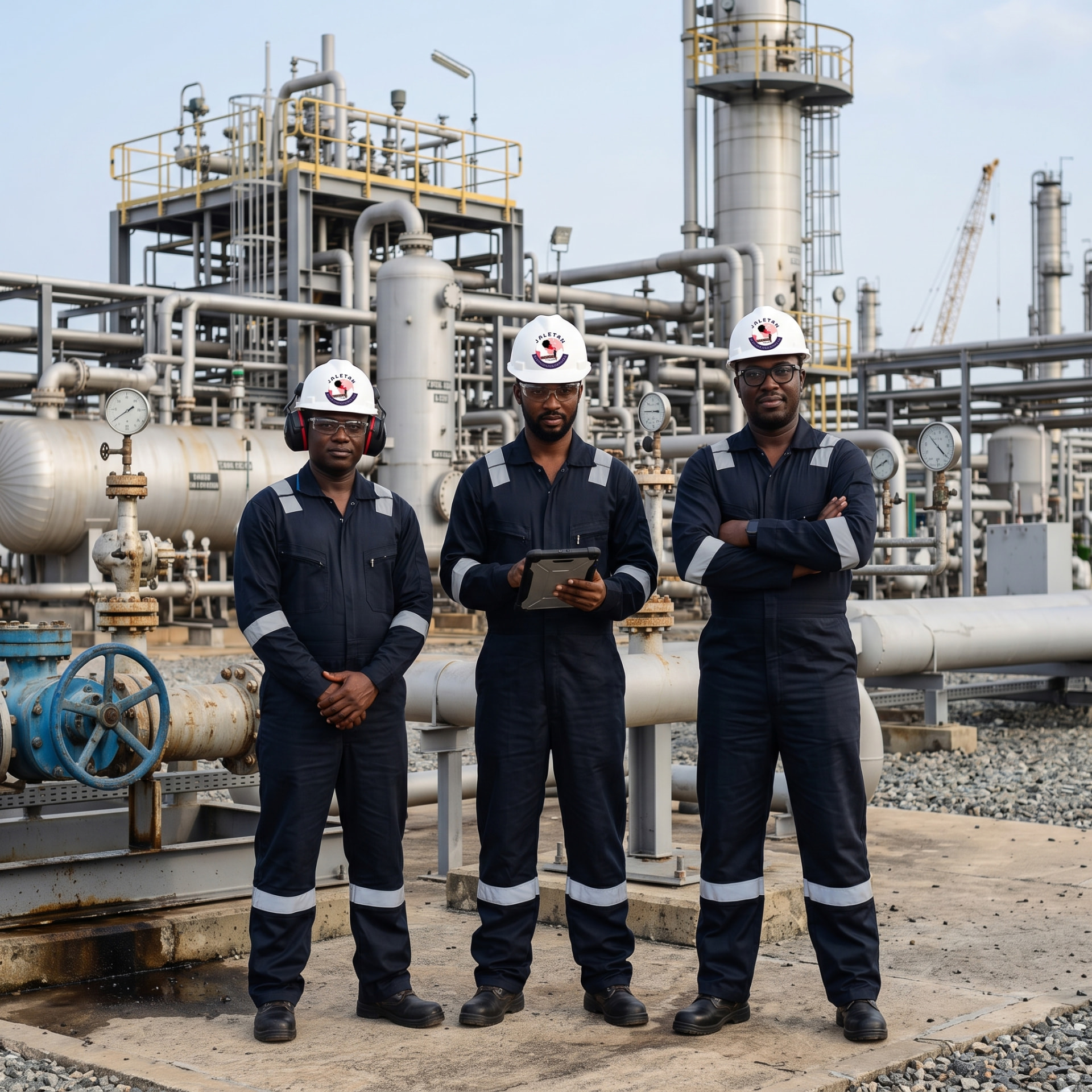 Jaletan trainees in PPE with a tablet at an industrial plant