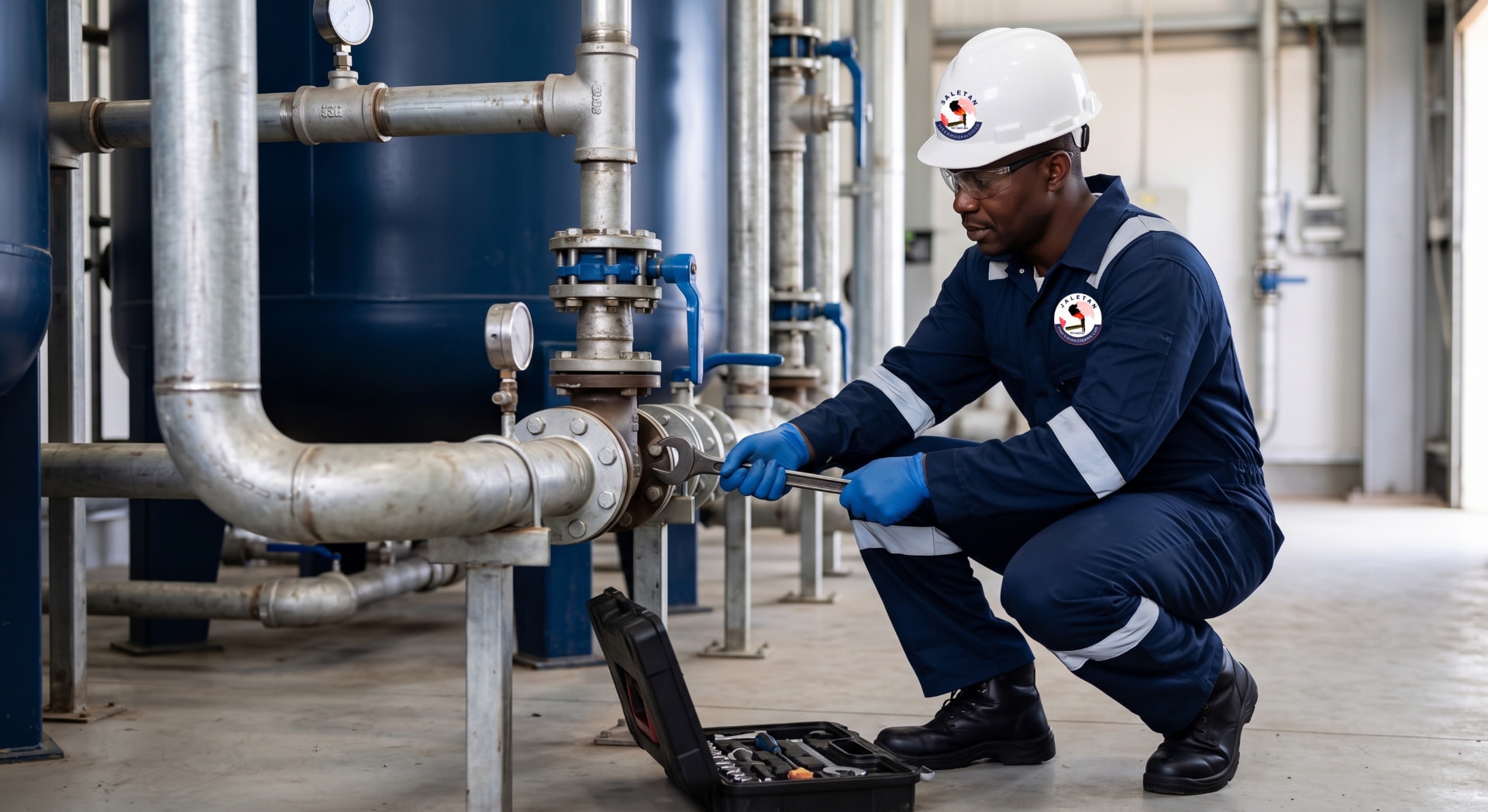 Jaletan technician maintaining process piping inside a facility