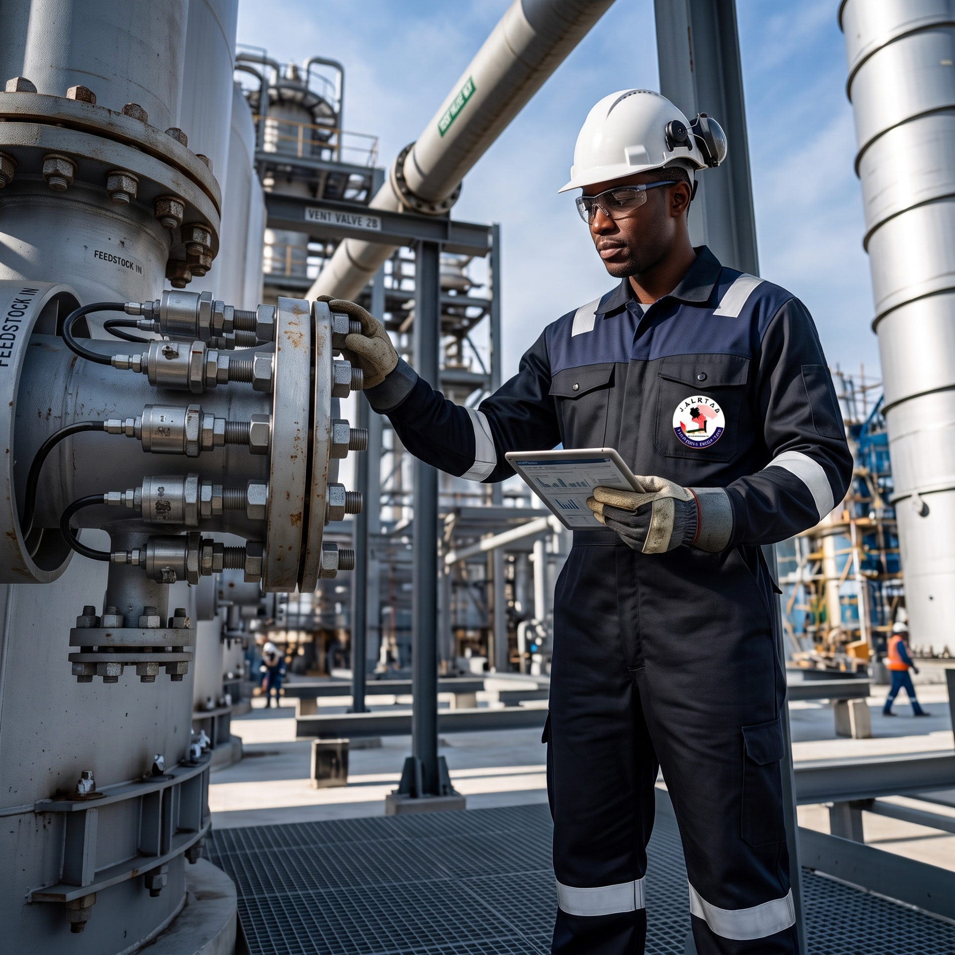 Jaletan technician inspecting process equipment with a tablet