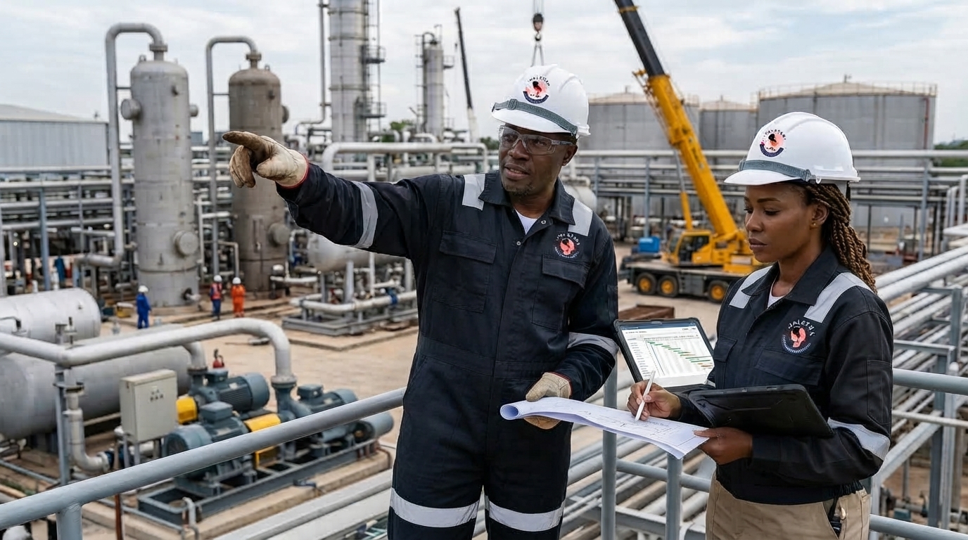 Jaletan engineers reviewing project plans at an industrial facility