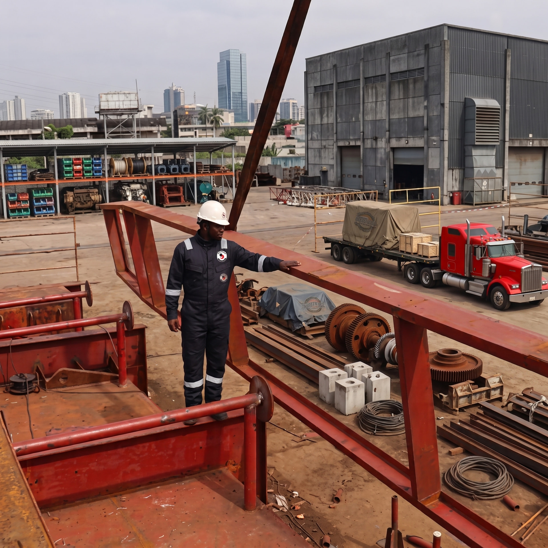 Jaletan worker inspecting steel structures in a fabrication yard