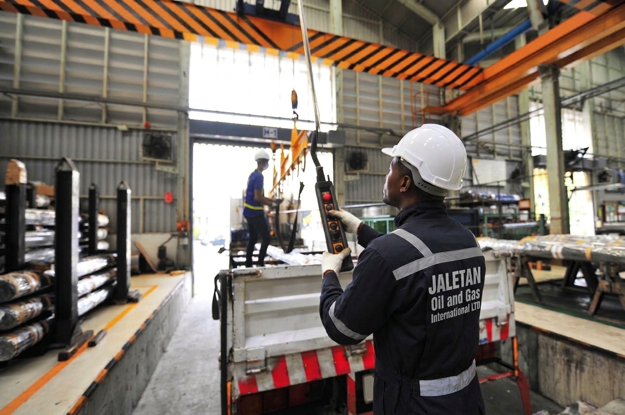 Jaletan worker in branded PPE operating an overhead crane to load bundled pipes onto a truck inside a supply warehouse